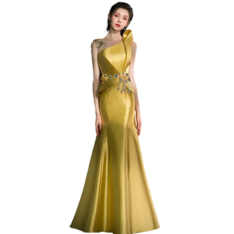 2022 Cheapest Yellow Satin Evening Dresses Mermaid Crystal Beaded Tassel Sleeveless Off Shoulder Party Ball Gown Wedding