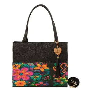 Sac fourre-tout en jute noir pour femme Fana Dahina, motif floral avec pompon et poche zippée pour le shopping - Product Image 3
