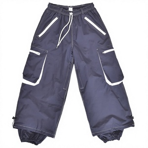 Nouveau pantalon cargo coupe ample bleu foncé coupe-vent grande taille 2026 avec cordon de serrage, multiples poches zippées et passants de bretelles élastiques - Product Image 1