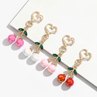 Porte-clés cerise 3D simulée, orné de strass brillants, en forme de feuille et de cœur, avec fermoir mousqueton, pendentif fruit tendance