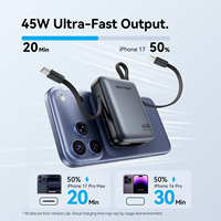 Batterie externe portable Vention 10000mAh 45W, mini, pour les voyages en plein air, avec câbles USB-C intégrés