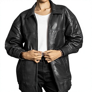 Chaqueta Bomber de Cuero Genuino para Mujer, Manga Larga, Cuello Camisero, Cierre de Cremallera, Estilo Otoñal, Color Sólido - Product Image 1
