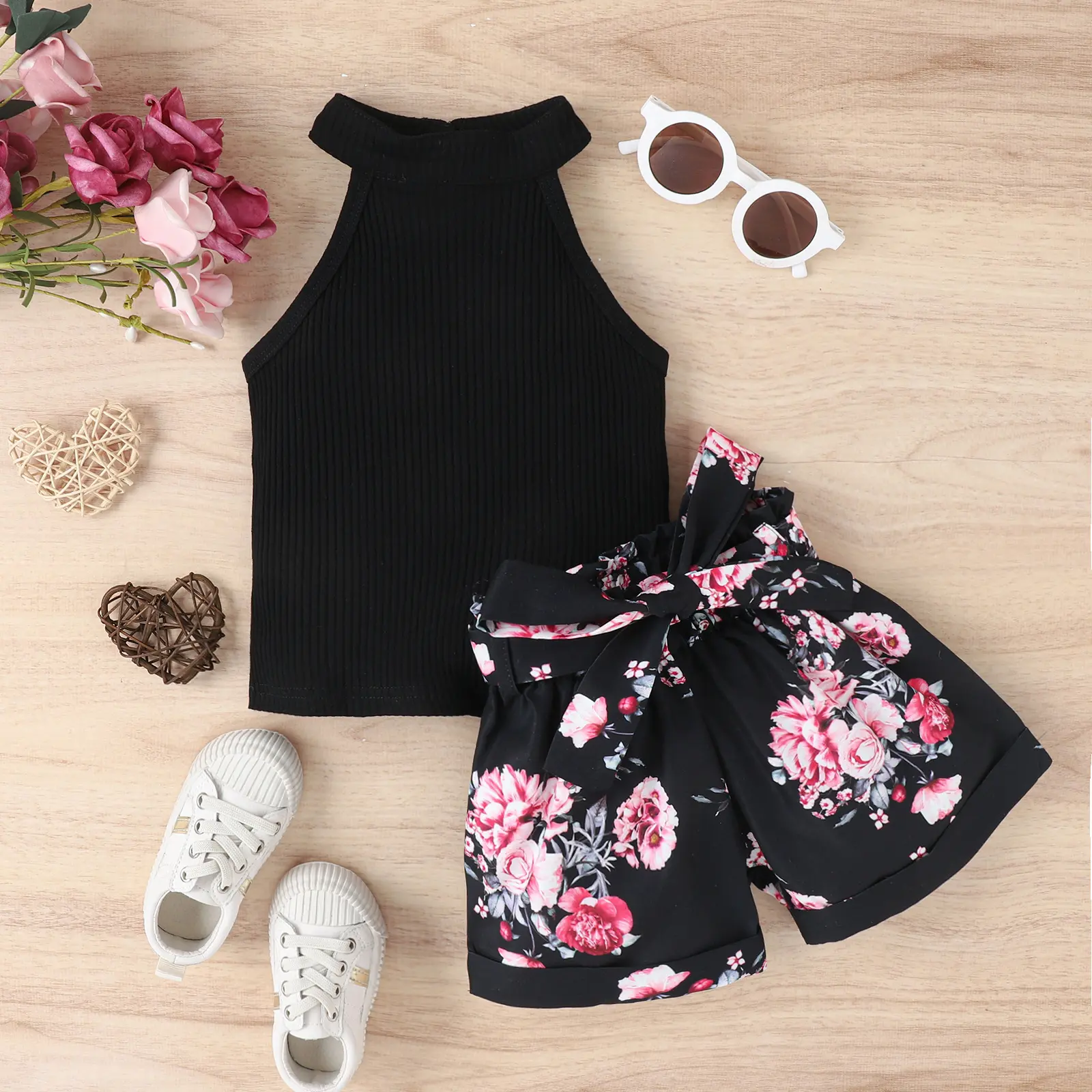 2023 Toddler Clothes Summer Kids Children Fashion Ribbed Sleeveless Tank Tops Floral Shorts 2Pcs Girls Outfit Set