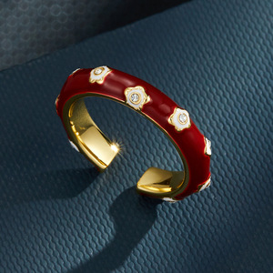 Red Plum Blossom Flower Open Ring Adjustable Band Prong Setting Jewelry Gift - Product Image 1