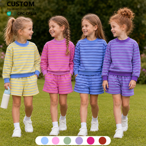 Nuova Collezione 2026: Set Felpa a Righe per Ragazze, Pullover con Collo Alto in Cotone e Pantaloncini con Tasche, Conforme agli Standard US CPC CPSIA - Product Image 1