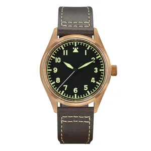 Bronze Pilot Watch Military Retro Simple Style Mens Automatic Mechanical Watches Leather Strap 20Bar Luminous