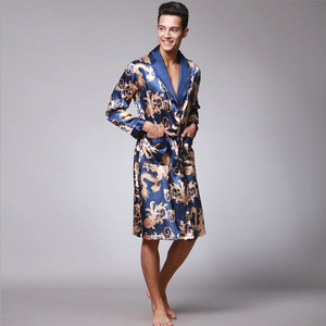 Robe en satin à manches longues pour hommes, avec imprimé Dragon, pour la maison, vêtements de nuit d'automne, tissu lisse, fibre de Polyester WP032 - Product Image 2