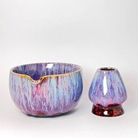 Ensemble de bols à matcha en céramique faits à la main de style japonais-Glaçure bleue violette, bec verseur et support de fouet