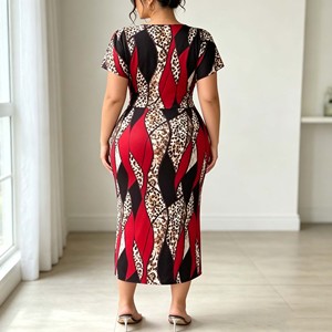 Abito Sexy Plus Size con Stampa Leopardata Geometrica, Scollo a V, Maniche Corte, Aderente, Lunghezza al Ginocchio, per Club, Feste e Serate in Città, Personalizzabile - Product Image 2