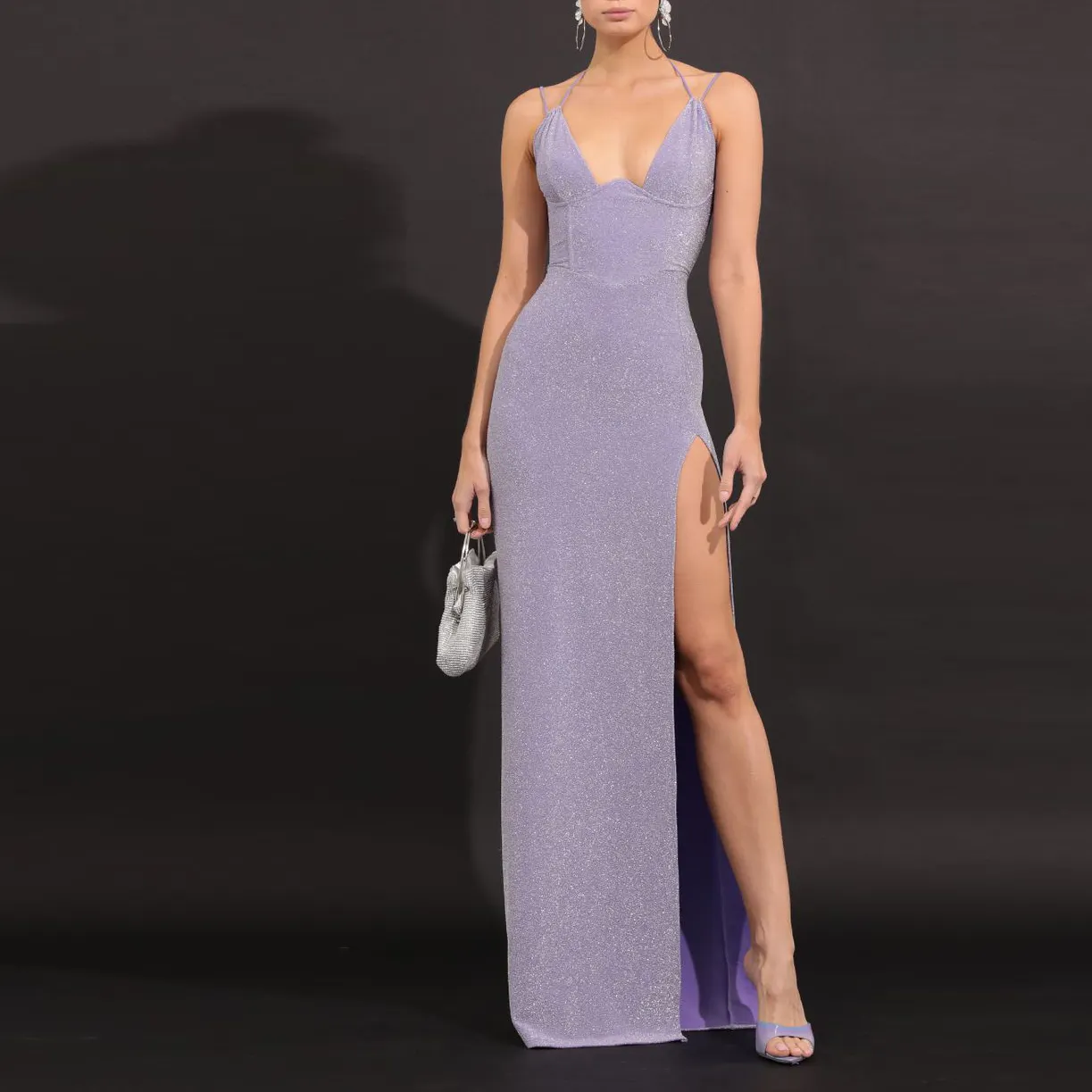 Women Elegant Sexy Corset Cutout Ladies Draped Split Thigh Knit Night Maxi Dress in Purple