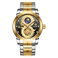Montres-bracelets pour hommes en acier inoxydable imperméable de luxe, quartz, phase lunaire, or, montres 3D dragon pour hommes