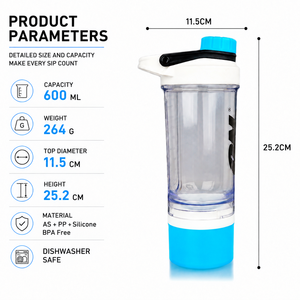 Shaker à protéines en plastique de 600 ml avec compartiment de rangement inférieur, anti-fuite, sans BPA, bouteille mélangeuse avec agitateur croisé pour la salle de sport - Product Image 2