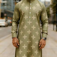 ODM OEM Thobe et Dishdasha pour hommes, à manches longues, col montant, demi-fermeture quatre boutons, imprimé, style ethnique arabe, pour affaires et fêtes, vente en gros et personnalisation