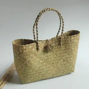 Natuurlijke Handgemaakte Stro Strand Tas Handtas Geweven Boho Zeegras Zak Stro Bali Markt Draagtas Opslag Mand Met Handgrepen