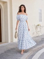 Robe de plage femme florale maxi épaules dénudées manches bouffantes smockée coupe trapèze été Fabrication sur mesure Vente en gros