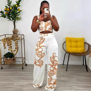 CW10805 Set Casual da <span class=keywords><strong>donna</strong></span> in due pezzi Top corto stampato e pantaloni larghi per abbigliamento quotidiano 2025 Boutique - Product Image 3