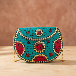 Turquoise Mirror Work Half Moon <b>Wedding</b> Evening <b>Clutch</b> <b>Bag</b> with Gold Chain Strap Handmade Beaded Velvet Lining - Product Image 2