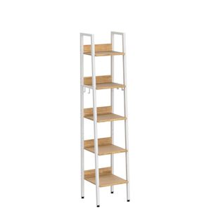 Estante de Almacenamiento de 5 Niveles con 4 Ganchos, Librería de Estilo Industrial para Cocina, Hecho de MDF y Metal, Estante de <span class=keywords><strong>Escalera</strong></span> Estrecho, Blanco - Product Image 5