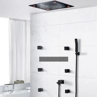 Ensemble de douche mural moderne noir laqué laiton avec système de douche pluie LED, mitigeur thermostatique en céramique pour salle de bain complète, 6 fonctions