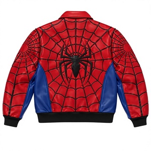 Chaqueta Bomber de PU para Hombre, Diseño de Telaraña Roja y Azul, Cierre de Cremallera, Cuello Camisero, Estilo Casual de Otoño - Product Image 2