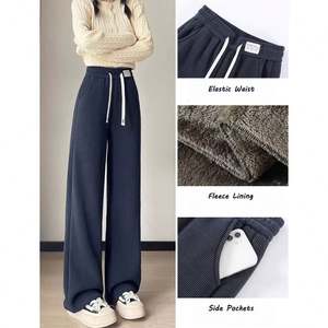 Pantalones Largos de Felpa Gruesa para Mujer, Cálidos para Invierno, Sin Costuras, de Cintura Alta, Rectos, con Cordón Ajustable, Casuales y a la Moda - Product Image 3