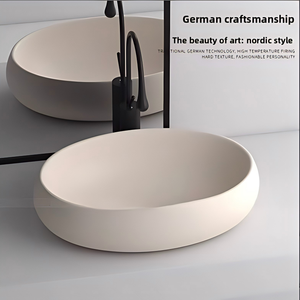 Lavabo Ovalado <span class=keywords><strong>de</strong></span> Cerámica Moderno Personalizado con un Solo Orificio, Estilo Crema Amarillo, para Baño, Balcón o Lavadero - Product Image 4