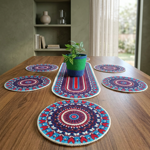 Ensemble de chemins de table en jute tricotés style bohème moderne, motifs géométriques, sets de table lavables, faits à la main, écologiques, personnalisables, décoration intérieure - Product Image 1