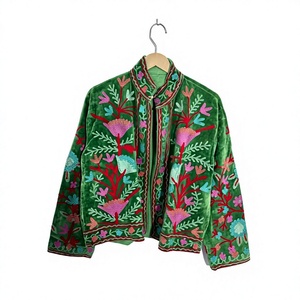 <b>Green</b> <b>Velvet</b> Embroidered Jacket Women Mandarin Collar Full Sleeve Floral Print Autumn Coat Polyester Lining Hand Embroidery - Product Image 1