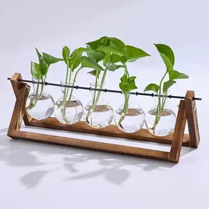 Wooden Frame Transparent Glass Vase Desktop Green Plant Decorative Flower Stand Five Bottles Home Decoration