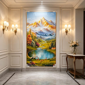 Cuadro de porcelana de cristal LED personalizado al por mayor con diseño de ciervo en valle alpino, arte de pared vertical con paisaje forestal y río al amanecer, para colgar en la pared. - Product Image 6