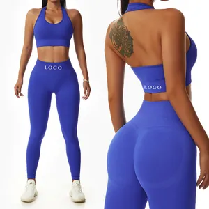 Custom Logo S-XL Fitness Workout Activewear Gym Seamless halter sports bra Nylon 2 Piece Yoga athletic wear Set For Women