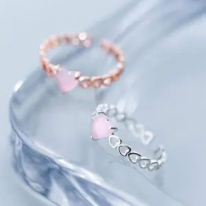 Trendy Delicate 925 Sterling Silver Dainty Rose Quartz Ring 925 Adjustable Heart Ring