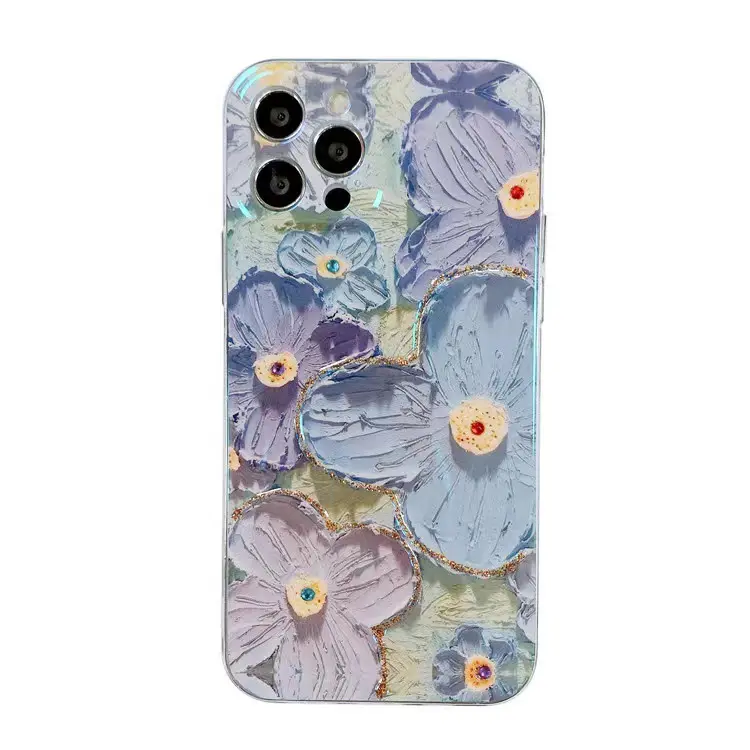 Oil Painting Purple Blue Daisy Flower Phone Case For iPhone 14 Pro Max 12 13Pro Max Shockproof Flash Drill Soft Protective Cover