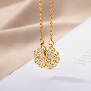 Fashion Lateefah Foldable Korea Gold Silver Pendant Necklace Creative Diamond Necklace Four Leaf Necklace for Women Girls