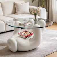 Table basse en fibre de verre avec plateau en verre, base sculpturale, table d'appoint ronde moderne, mobilier commercial sur mesure pour hôtel, hall, café, projet
