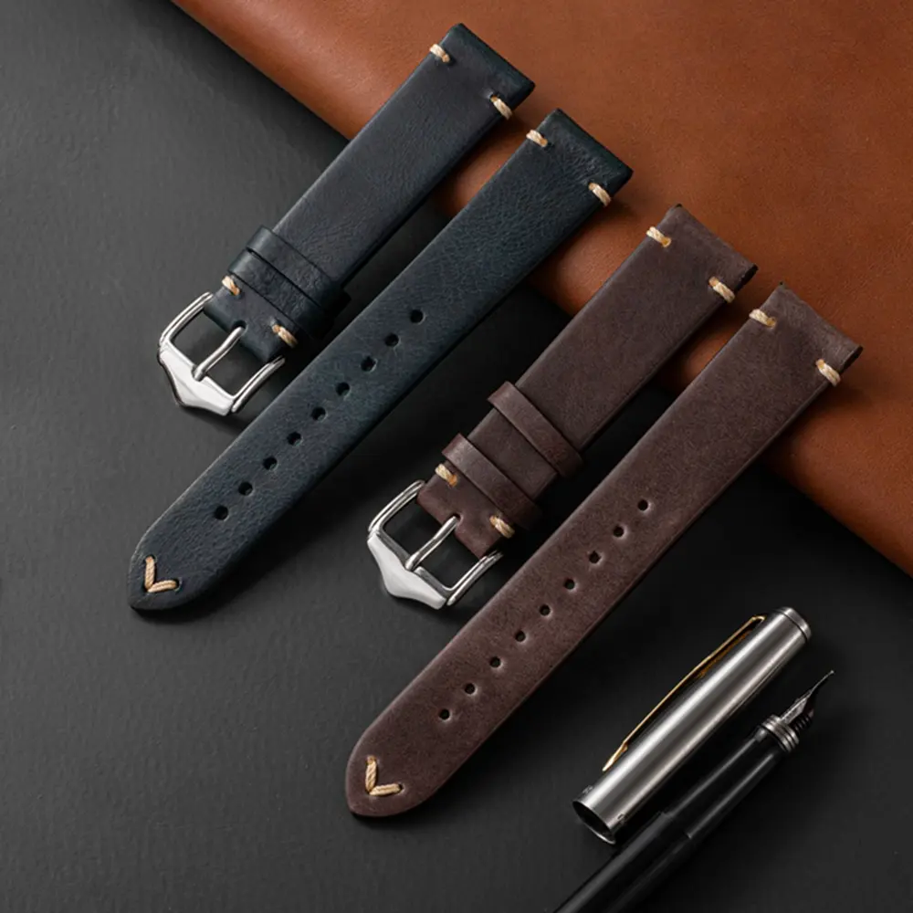 EACHE 18mm 20mm 22mm Luxury Oil Waxed Genuine Leather Watch Strap Watchband Light Brown Black Gray Leather Watch Band