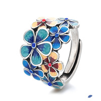Bague à fleurs en émail cloisonné, style ethnique rétro, faite à la main, ajustable, goutte à goutte d'huile, fleurs florales comme brocart