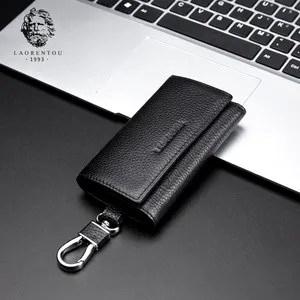 LAORENTOU Men Unique Key Holder Genuine Leather Zipper Key Small Case Pouch Bags Man Card Wallets Vintage Business Men Key Purse