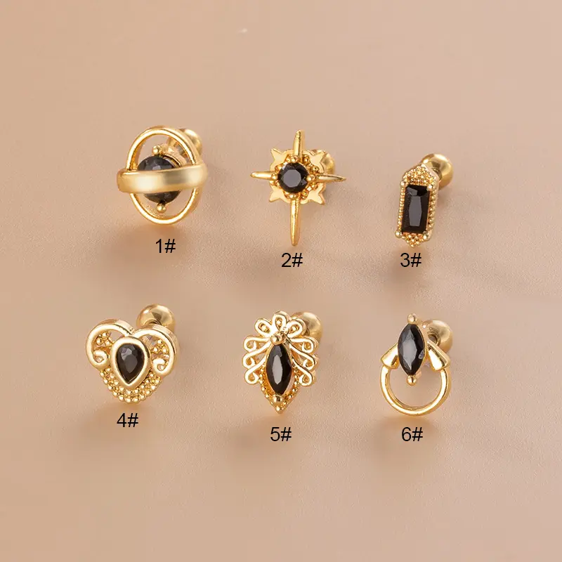 vintage gold plated heart stud earrings for women trendy black zircon stainless steel earing 2022
