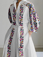 Robe longue bohème vintage à imprimé floral pour femme, manches longues, col en V, revers, poches, taille naturelle, respirante