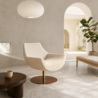 Fauteuil pivotant en tissu bouclé crème, fauteuil rond avec base en disque bronze, fauteuil d'appoint moderne minimaliste pour chambre à coucher