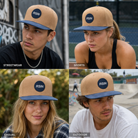Casquette de baseball personnalisée à visière plate, 5 panneaux, snapback, patch brodé, visière bleue, réglable, vente en gros, OEM, faible MOQ