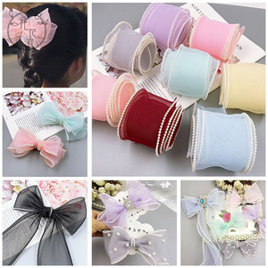 โบว์ผูกผมแบบถักลายดอกไม้สีรุ้ง DIY ริบบิ้นลายคลื่นตกแต่งวันเกิด ขนาด 4 ซม. ริบบิ้นโพลีเอสเตอร์ตาข่ายมุกประดับดอกไม้ - Product Image 2