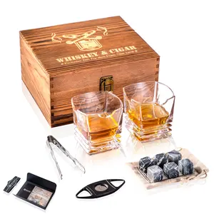 Cigar Cutter Gift Set Whiskey Cigar Glass in Wooden Box Whiskey Stones Bourbon Gifts for Men New Year Company Promotion Gifts