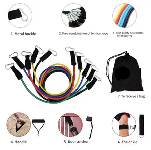 TPE Fitness Home Workout Power Band 11 Piece Rubber Resistance Band Tube Kit Exercise Band With Door Anchor And Handles