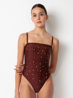 Fabricant de maillots de bain personnalisés, maillot de bain une pièce bandeau orné de perles Repreve, sans bretelles, avec bretelles amovibles, maillot de bain pour femmes