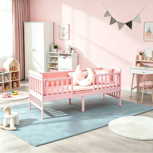 Lit en bois pour tout-petits avec barrières de sécurité, cadre de lit classique pour enfants avec tête de lit, mobilier de chambre d'enfant - Product Image 3
