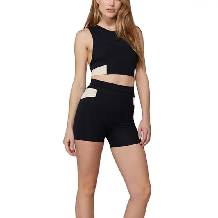 2022 Custom Design Women Work Out Sets Color Block Breathable Shorts Nylon Spandex Active Wear 2 Pc Yoga Sets Sports Suits