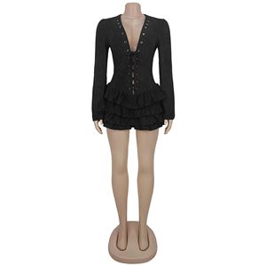 STOCK Dos colores con cuello en V Ojales Correas Vestido de <span class=keywords><strong>mujer</strong></span> Volantes Manga larga Mini vestido Tallas grandes Ropa Con parte inferior - Product Image 2