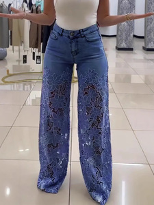 Jeans élégants pour femmes, chic, <span class=keywords><strong>grande</strong></span> <span class=keywords><strong>taille</strong></span>, dentelle ajourée, <span class=keywords><strong>taille</strong></span> haute, jambe <span class=keywords><strong>large</strong></span>, denim extensible - Product Image 5